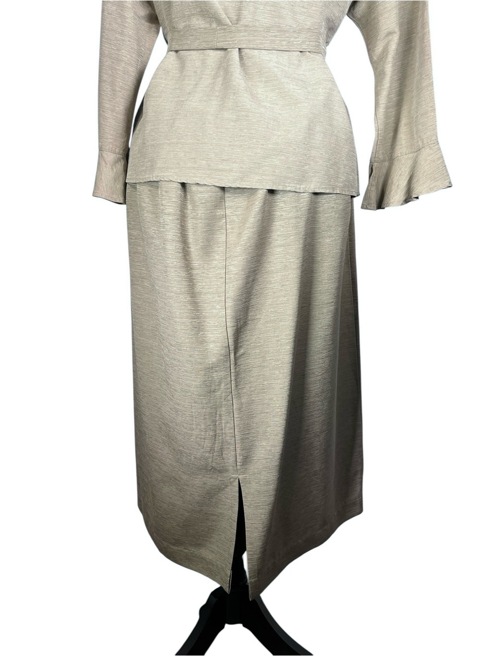 Vintage Silk Skirt Suit Women's Brown Beige Button-Front Set Ruched Safari Large - Picture 10 of 11
